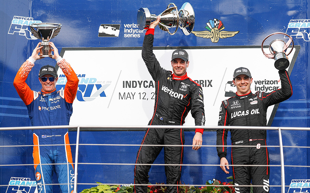 Indycar 第5戦インディカーGPで表彰台に上がったウィル・パワー、スコット・ディクソン、ロバート・ウィッケンズ