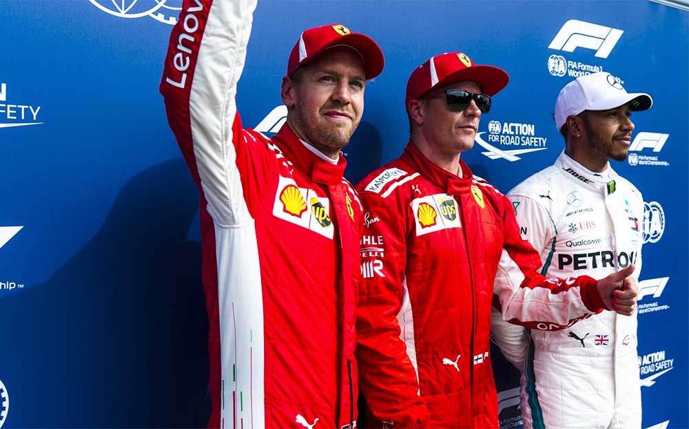 2018年F1イタリアGP予選でトップ3を獲得したキミ・ライコネンとセバスチャン・ベッテルとルイス・ハミルトン