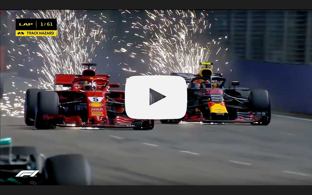 動画 18年f1シンガポールgp 決勝 ハイライト 1周目の同士討ちと火花散る大迫力のサイド バイ サイド F1 ニュース速報 解説 Formula1 Data