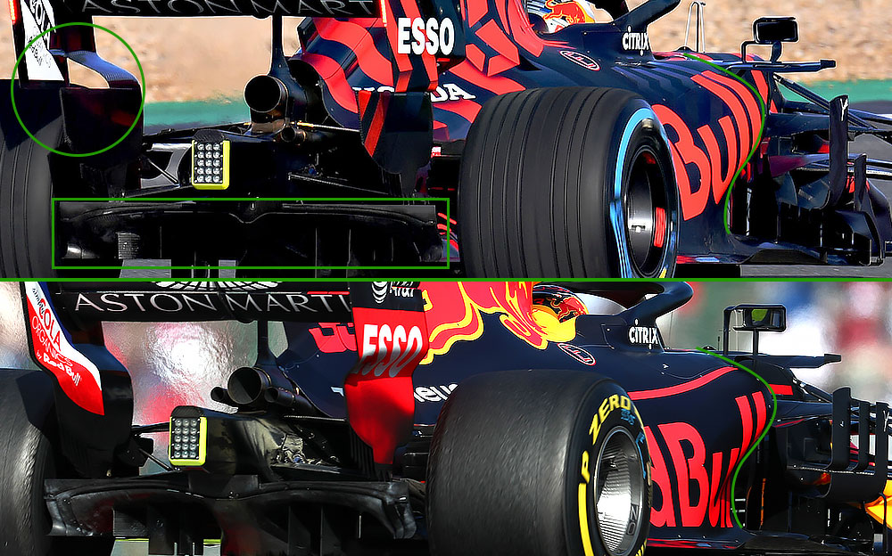 レッドブル・ホンダRB15とRB14のリアの比較