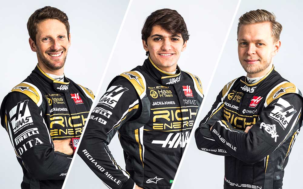 2019年仕様のレーシングスーツを来たロマン・グロージャン、ピエトロ・フィッティパルディ、ケビン・マグヌッセン