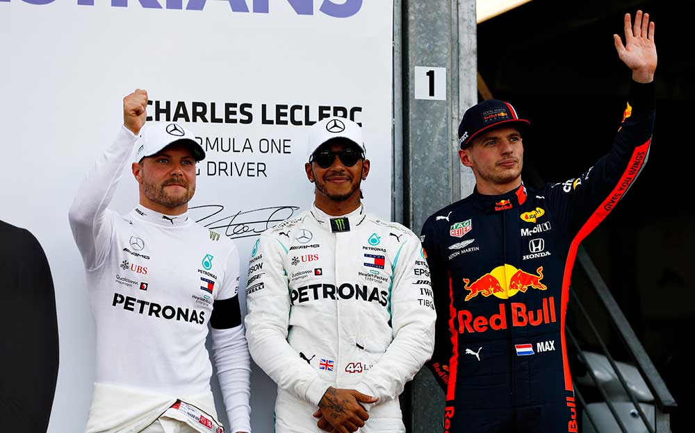 2019年F1モナコGP予選でトップ3を獲得したルイス・ハミルトン、バルテリ・ボッタス、マックス・フェルスタッペン