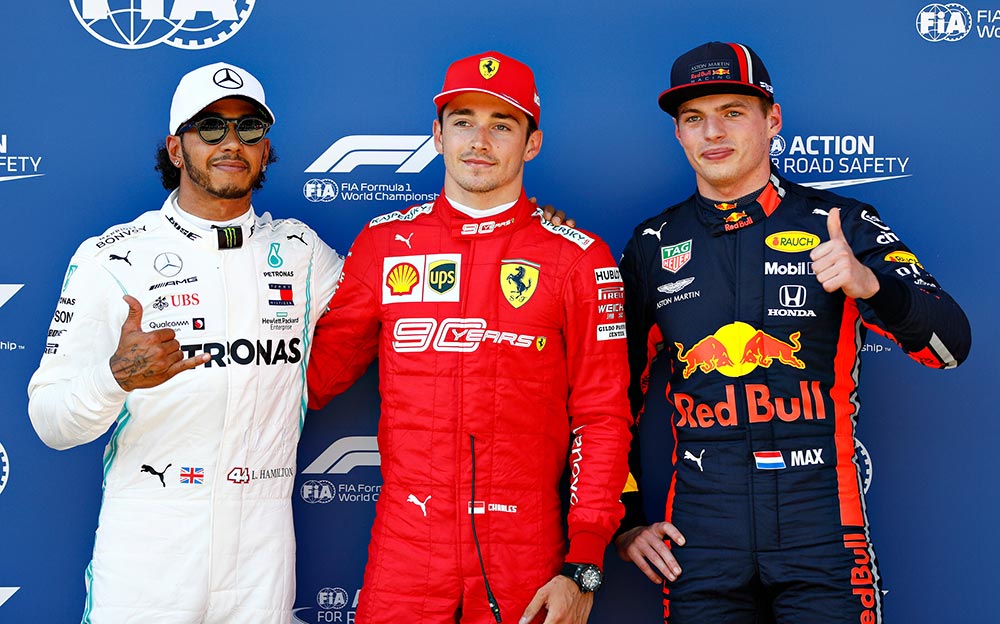 2019年F1オーストリアGP予選でトップ3に並んだシャルル・ルクレールとルイス・ハミルトンとマックス・フェルスタッペン