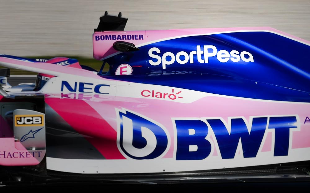 レーシングポイントF1チームの2019年型F1マシンRP19のエンジンカバーに掲載されたスポルペーザのロゴ