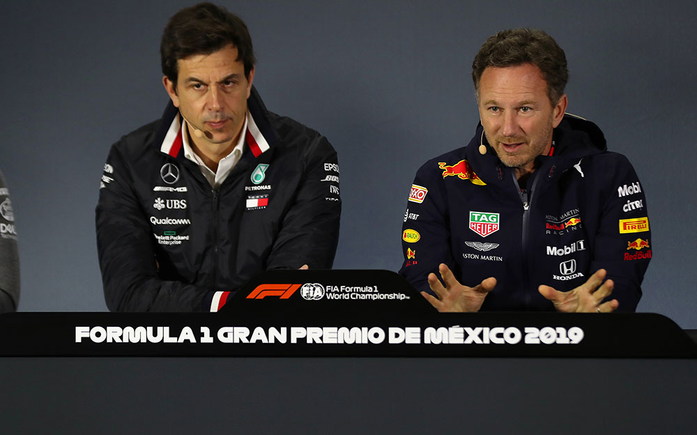 レッドブルのクリスチャン・ホーナー代表とメルセデスAMGのトト・ウォルフ代表、2019年F1メキシコGP公式記者会見にて
