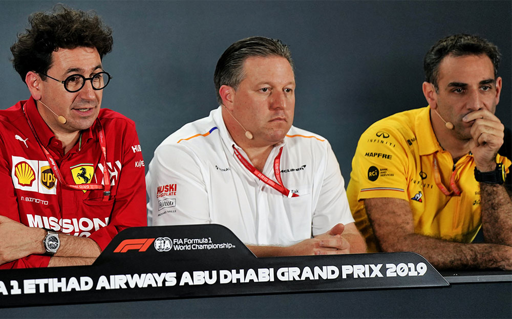2019年F1アブダビGPの金曜記者会見に出席したフェラーリのマッティア・ビノット代表、マクラーレンのザク・ブラウンCEO、ルノーのシリル・アビテブール代表