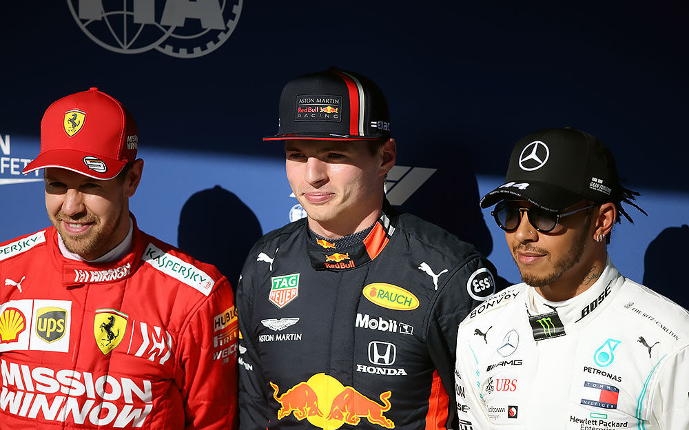 予選トップ3ドライバー：左からセバスチャン・ベッテル、マックス・フェルスタッペン、ルイス・ハミルトン、2019年F1ブラジルGP予選にて