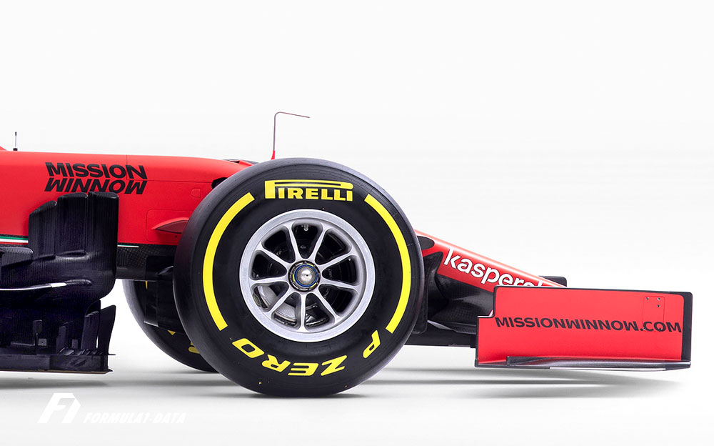 スクーデリア・フェラーリ2020年型F1マシン「SF1000」のフロントホイール周り、横構図