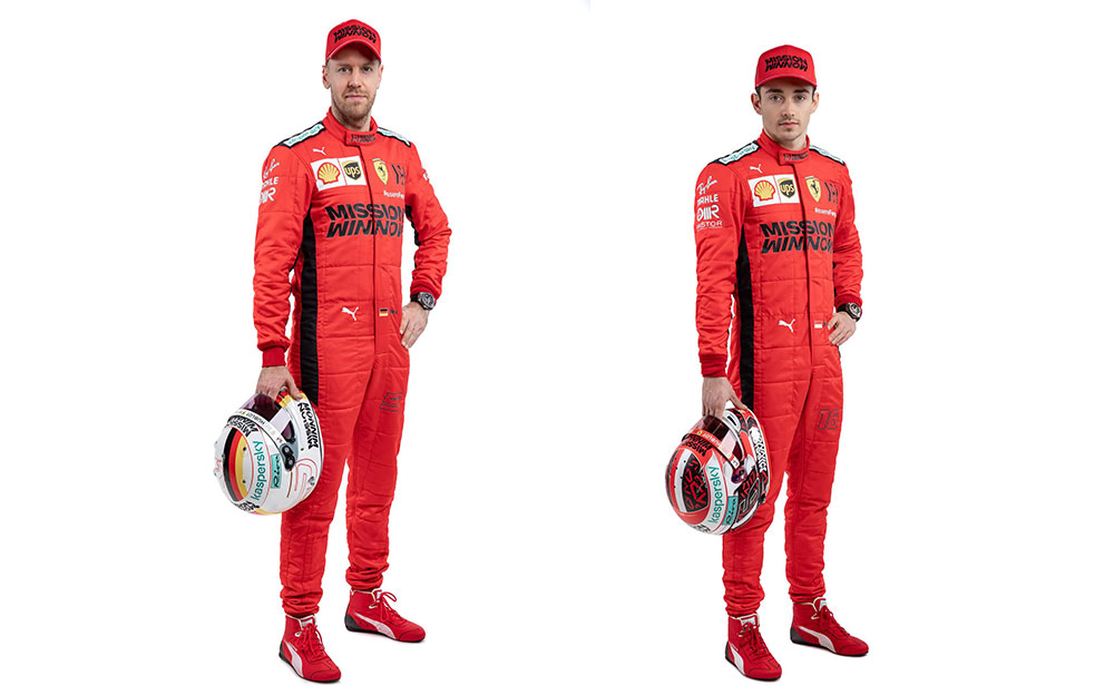 2020年仕様の新しいレーシングスーツを着用したセバスチャン・ベッテルとシャルル・ルクレール