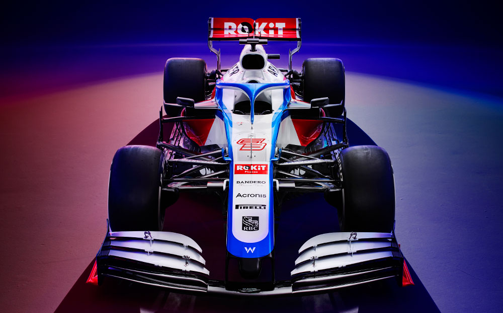 ウィリアムズ・レーシングの2020年型F1マシン「FW43」スタジオショット背景有ー正面