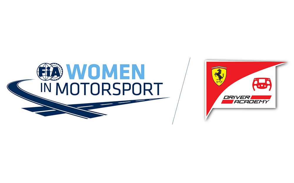 FIAのWomen in Motorsportとフェラーリ・ドライバー・アカデミー（FDA）のロゴ