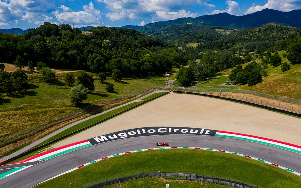 ムジェロ・サーキットの空撮画像、2020年開幕オーストリアGPに向けたフェラーリのプライベートテストにて