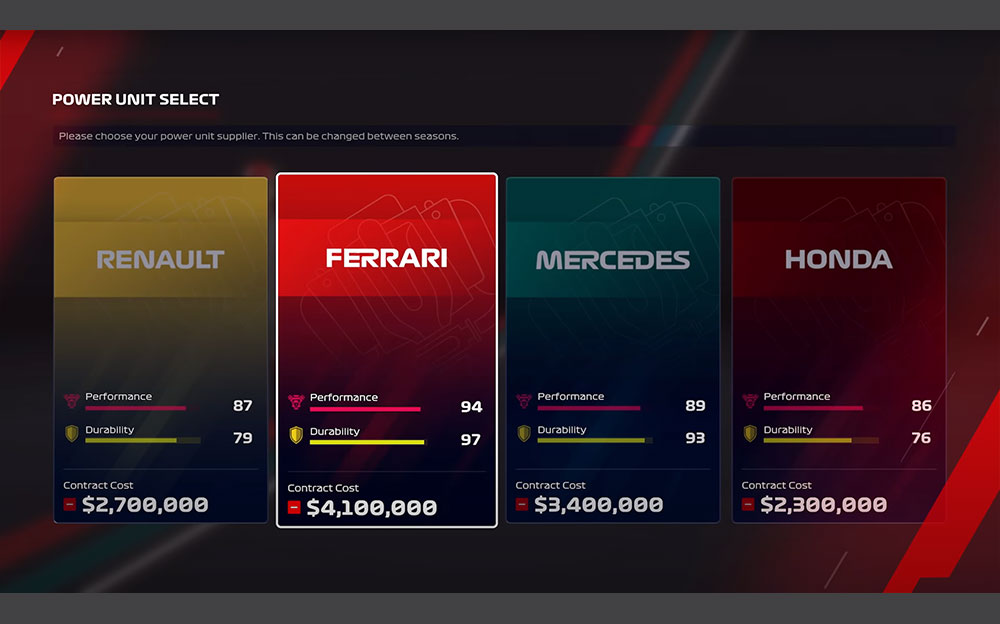 PS4ゲーム「F1 2020」収録のエンジンサプライヤー選択画面