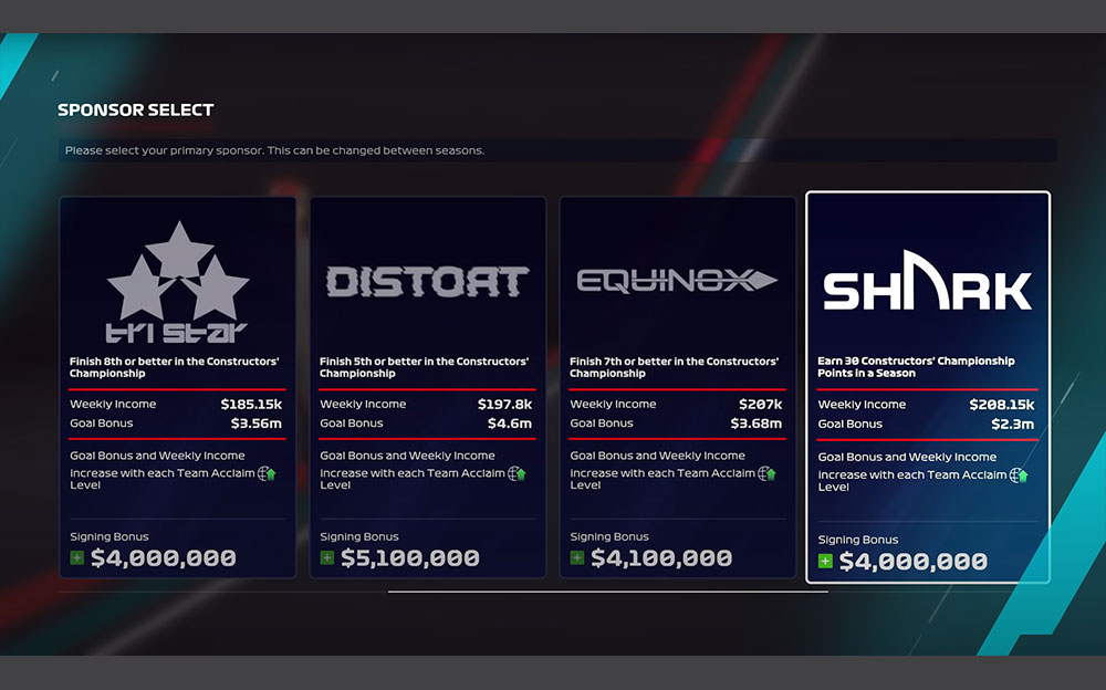 PS4ゲーム「F1 2020」収録のスポンサー選択画面