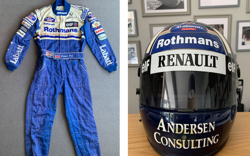 RMサザビーズのオンライン限定オークションに出品されるデイモン・ヒルが1995年のF1オーストラリアGP優勝した際に着用していたヘルメットとレーシングスーツ