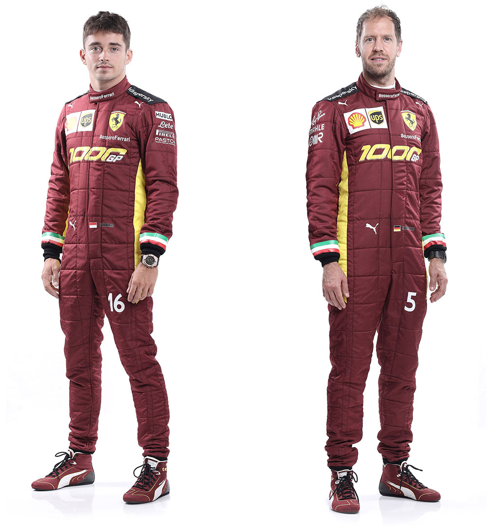 F1参戦1000回目を記念するレトロなワインレッドカラーのレーシングスーツを着用したシャルル・ルクレールとセバスチャン・ベッテル