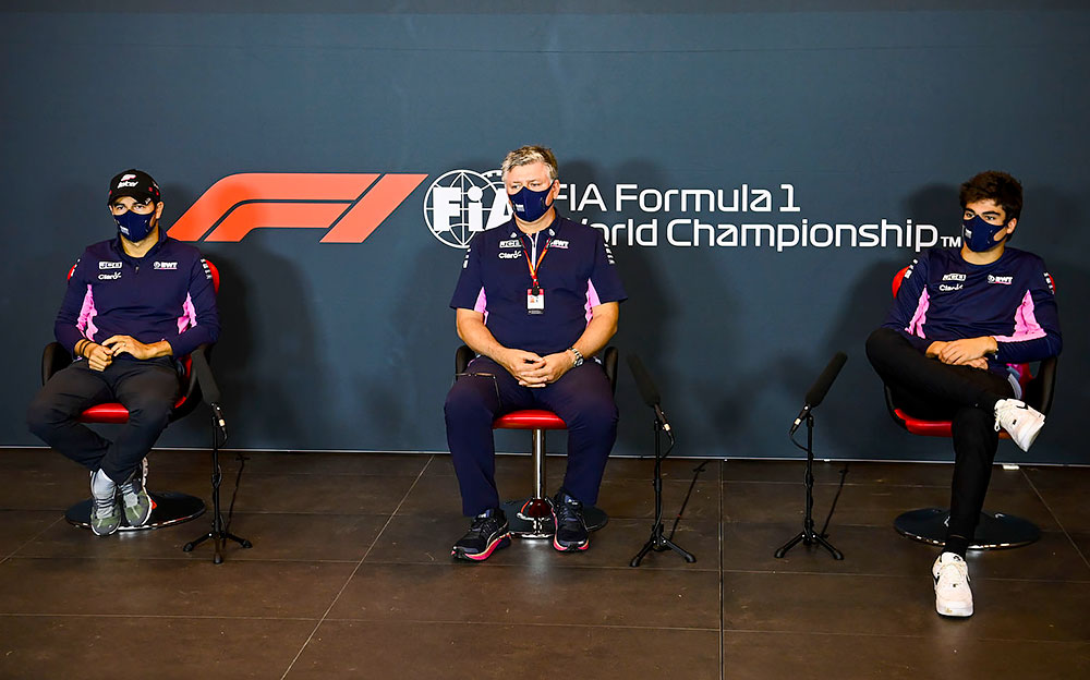 F1エミリア・ロマーニャGPのFIA記者会見に出席したレーシング・ポイントF1チームのセルジオ・ペレス、オトマー・サフナウアー、ランス・ストロール