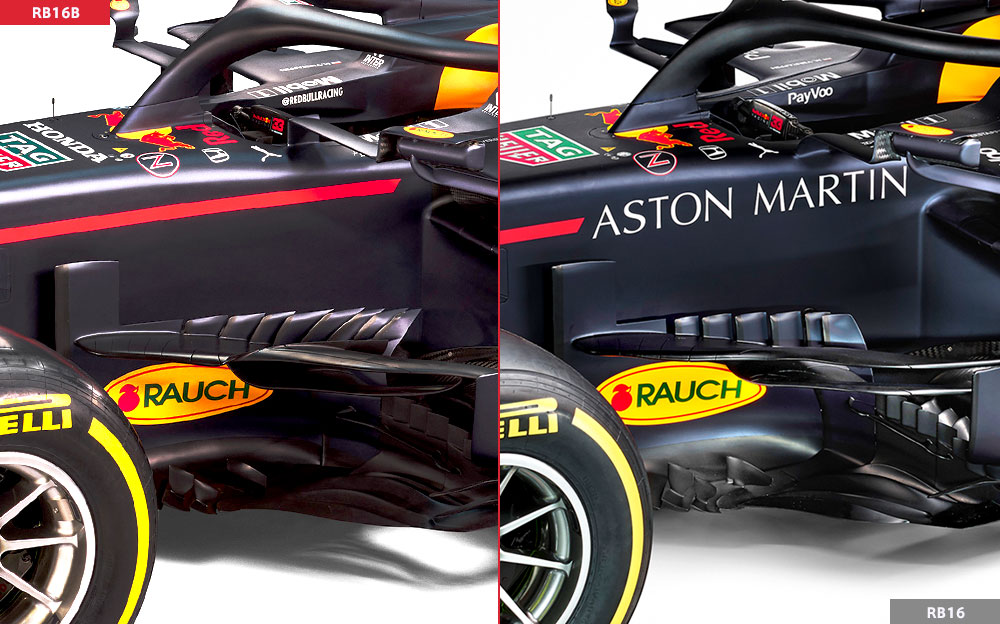 レッドブル・ホンダの2021年型F1マシン「RB16B」と2020年型「RB16」のバージボード周りの比較画像