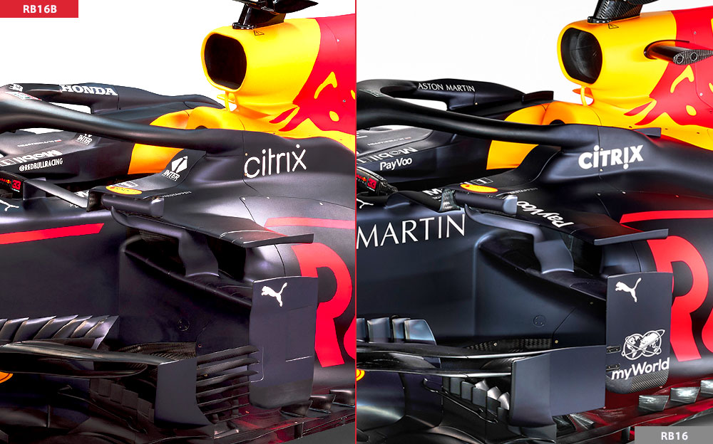 レッドブル・ホンダの2021年型F1マシン「RB16B」と2020年型「RB16」のコックピット周りの比較画像