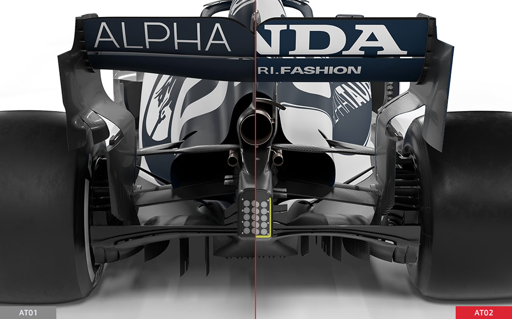 アルファタウリ・ホンダの2021年型F1マシン「AT02」と2020年型「AT01」のリアエンド比較画像