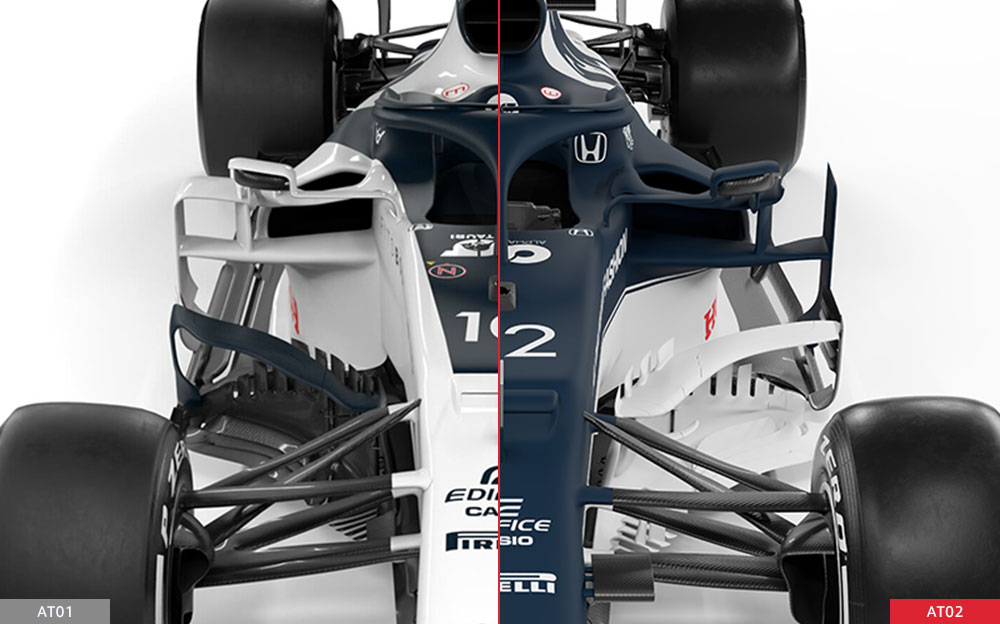 アルファタウリ・ホンダの2021年型F1マシン「AT02」と2020年型「AT01」のバージボード含むコックピット周り比較画像