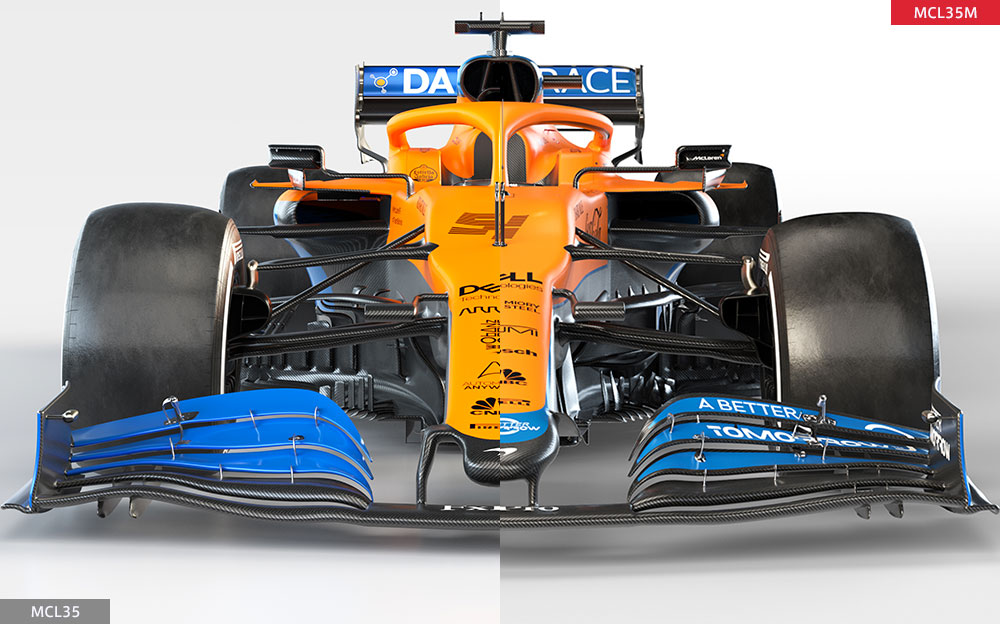 マクラーレンの2020年型F1マシン「MCL35」と2021年型「MCL35M」の正面比較画像