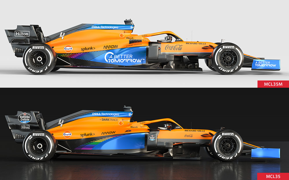 マクラーレンの2020年型F1マシン「MCL35」と2021年型「MCL35M」の側方比較画像