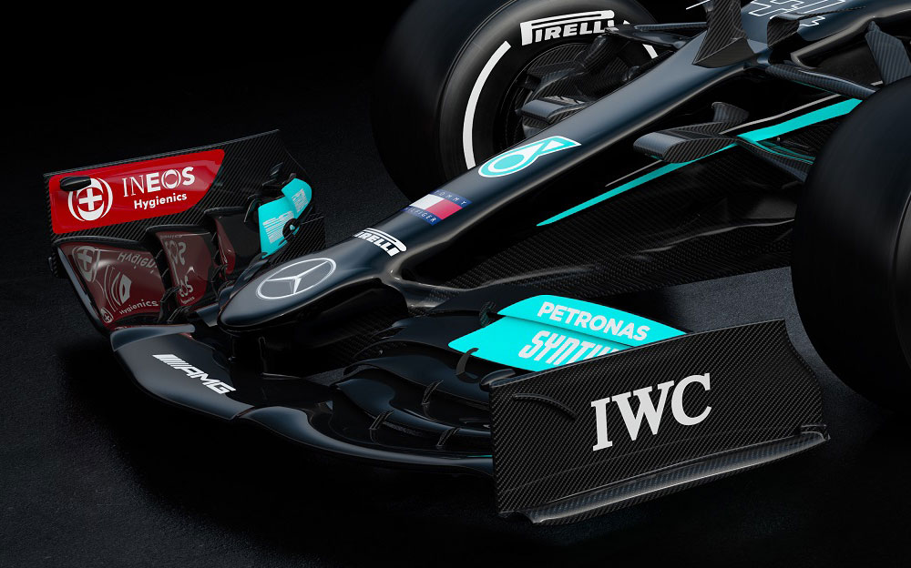 メルセデスAMGペトロナスF1チームの2021年型F1マシン「W12」のレンダリングイメージ細部-フロントウイングとノーズ
