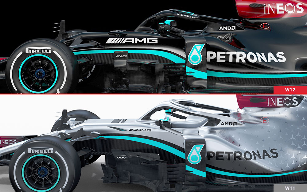 メルセデスの2021年型F1マシン「W12」と2020年「W11」の比較画像-バージボード