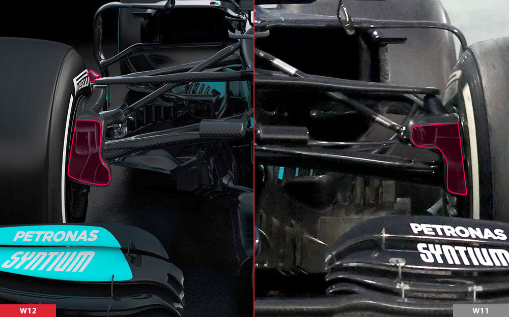 メルセデスの2021年型F1マシン「W12」と2020年「W11」の比較画像-フロントエンド