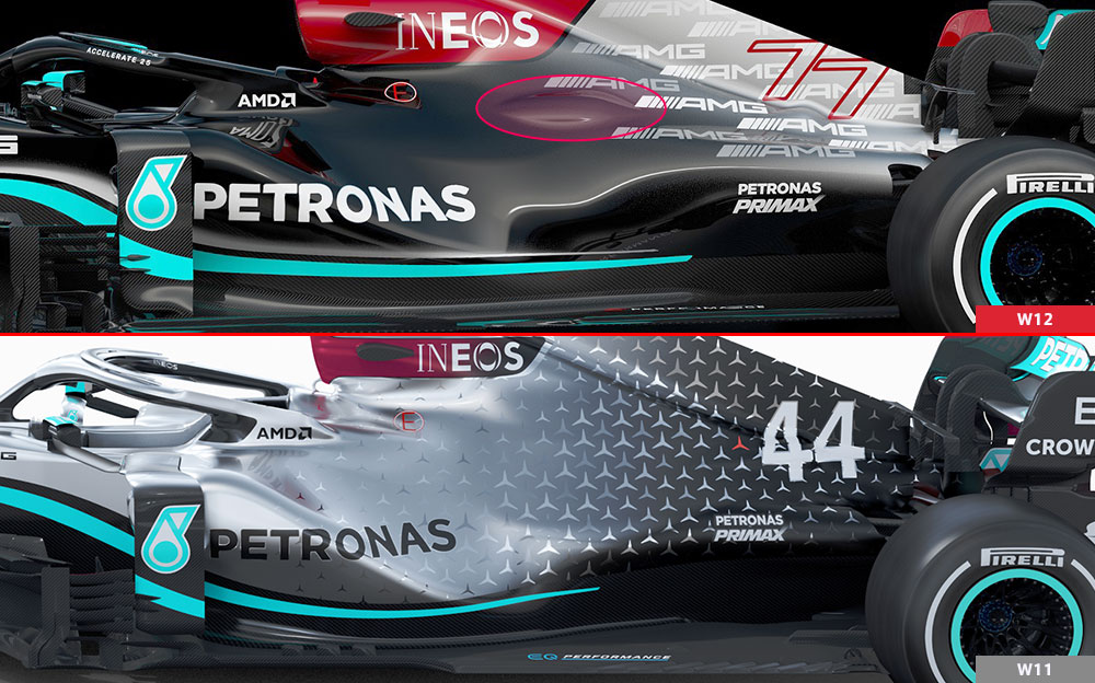 メルセデスの2021年型F1マシン「W12」と2020年「W11」の比較画像-ボディーワーク