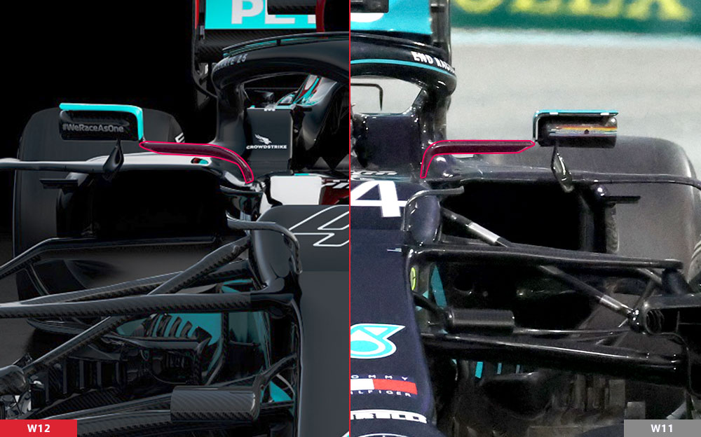 メルセデスの2021年型F1マシン「W12」と2020年「W11」の比較画像-ミラーマウント