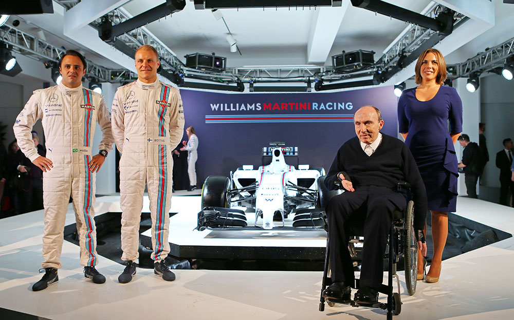 ウィリアムズの2014年型F1マシン「FW36」とフェリペ・マッサ、バルテリ・ボッタス、フランク・ウィリアムズ、クレア・ウィリアムズ