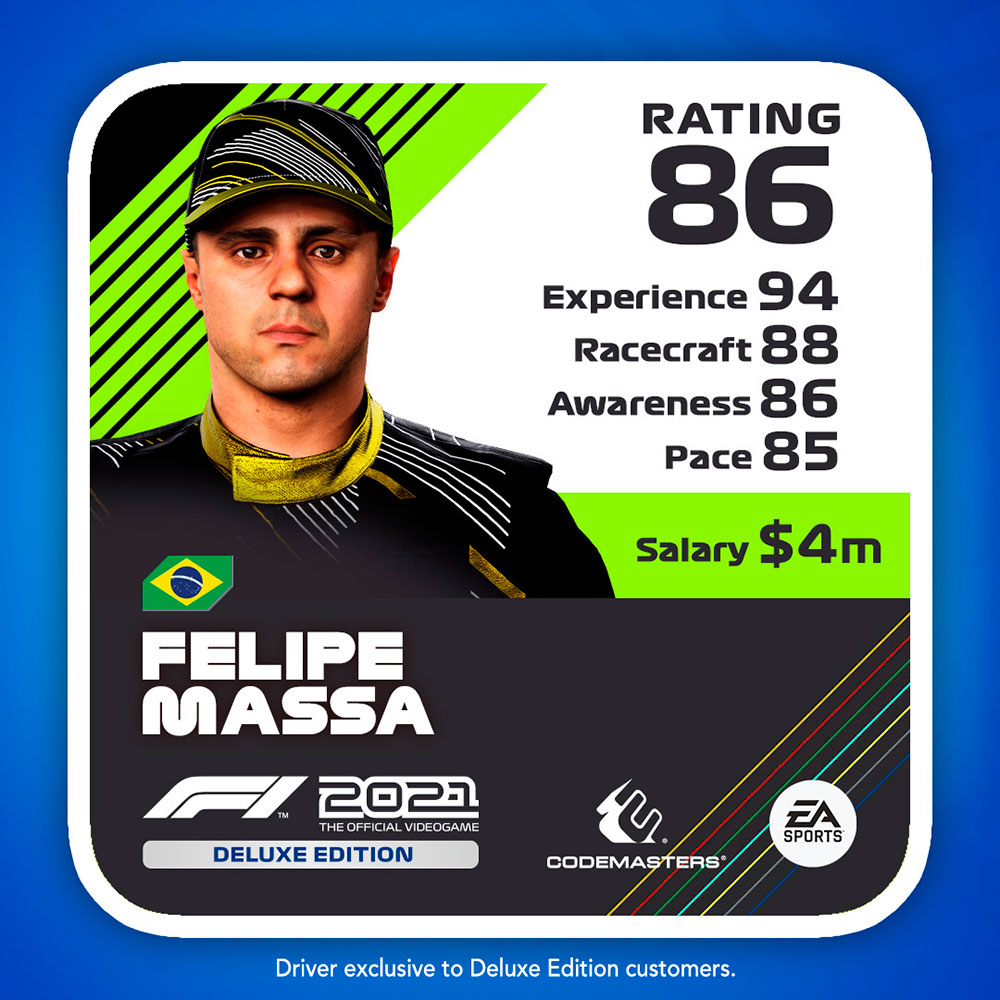 フォーミュラ1公認ゲーム「F1-2021」のマイチームモードに収録されるフェリペ・マッサのデータ