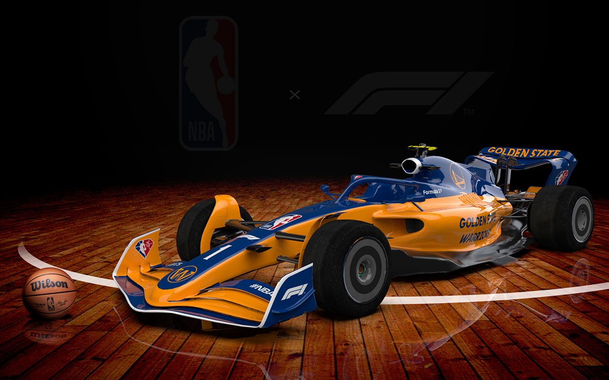 NBAチーム「ゴールデンステイト・ウォリアーズ」カラーの2022年型F1マシンのCGイメージ