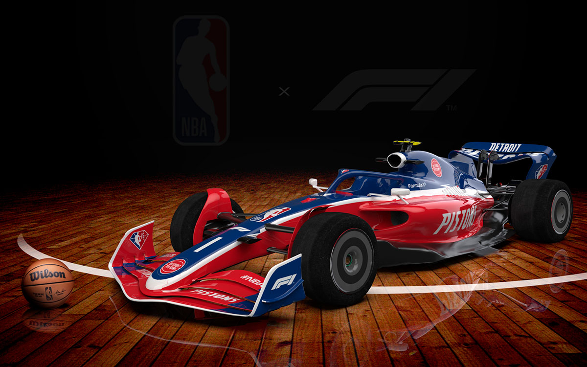 NBAチーム「デトロイト・ピストンズ」カラーの2022年型F1マシンのCGイメージ