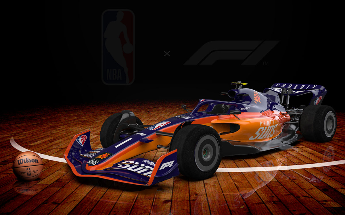 NBAチーム「フェニックス・サンズ」カラーの2022年型F1マシンのCGイメージ