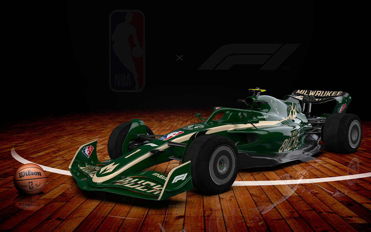 NBAチーム「ミルウォーキー・バックス」カラーの2022年型F1マシンのCGイメージ