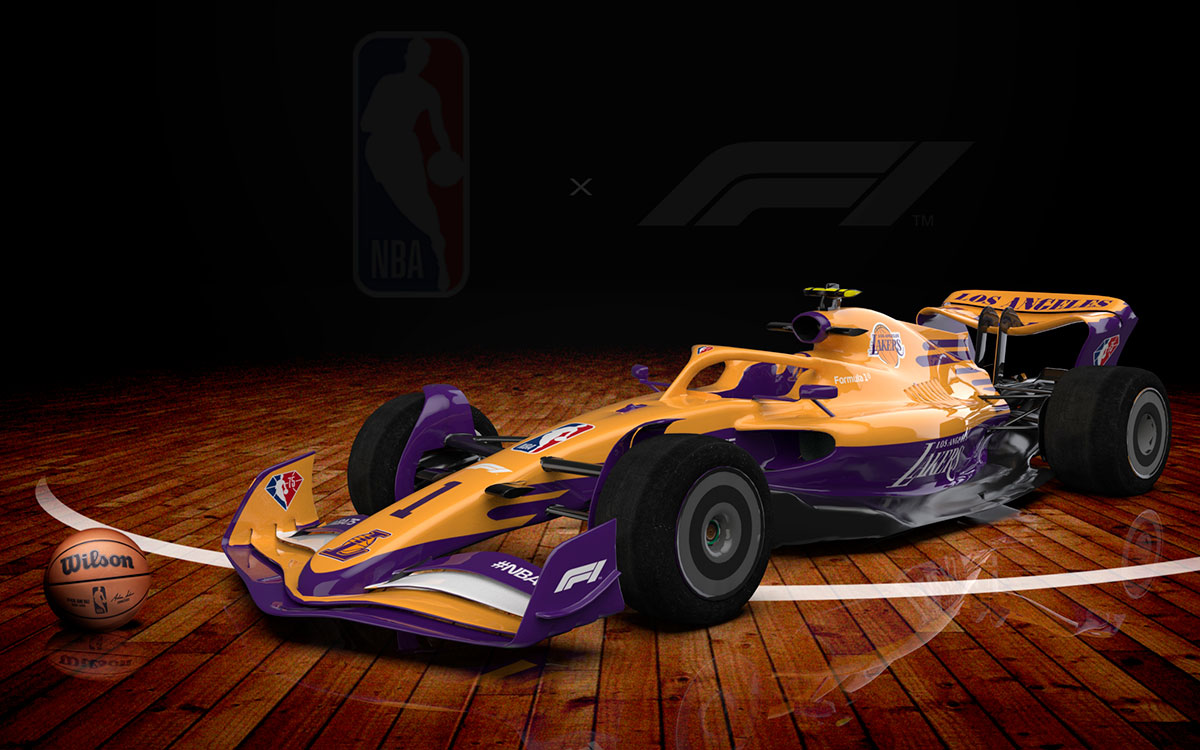 NBAチーム「ロサンゼルス・レイカーズ」カラーの2022年型F1マシンのCGイメージ