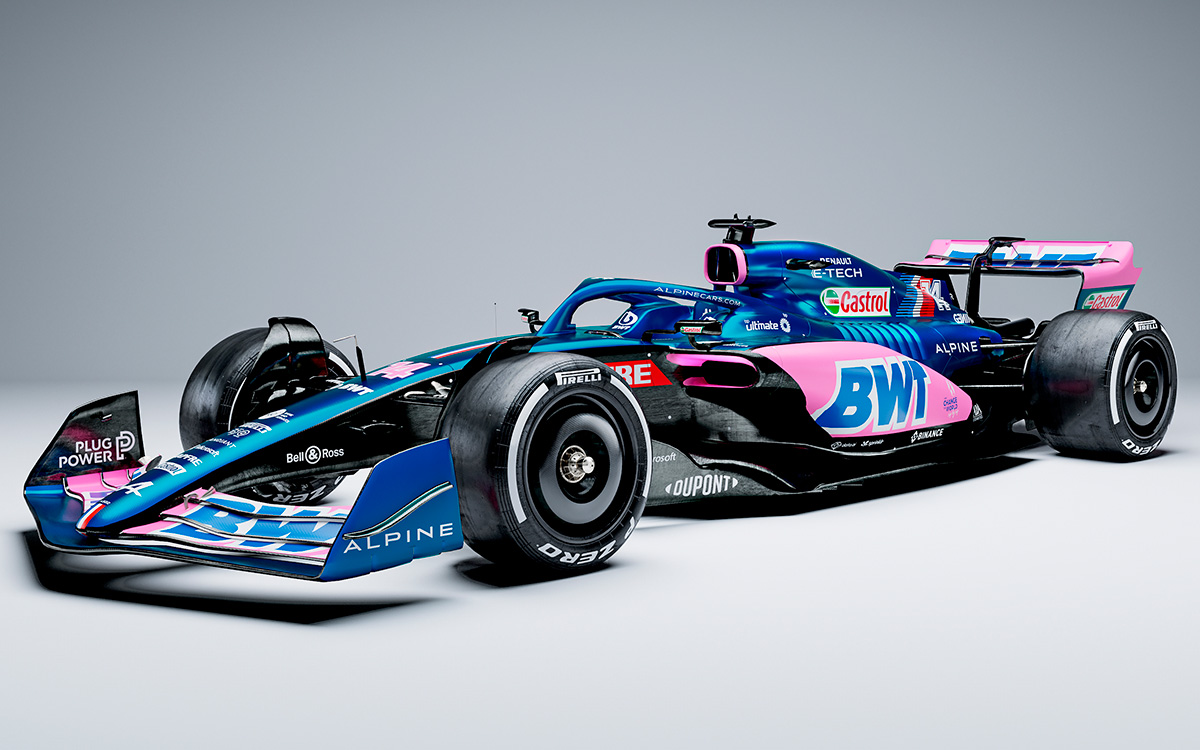 アルピーヌの2022年型F1マシン「A522」の青バーション、白背景レンダリング全体像