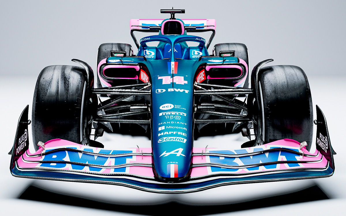アルピーヌの2022年型F1マシン「A522」の青バーション、白背景レンダリング全体像正面