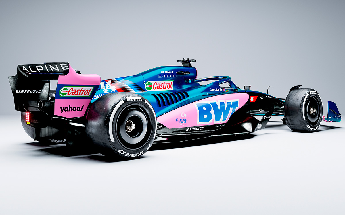 アルピーヌの2022年型F1マシン「A522」の青バーション、白背景レンダリング全体像斜め後方