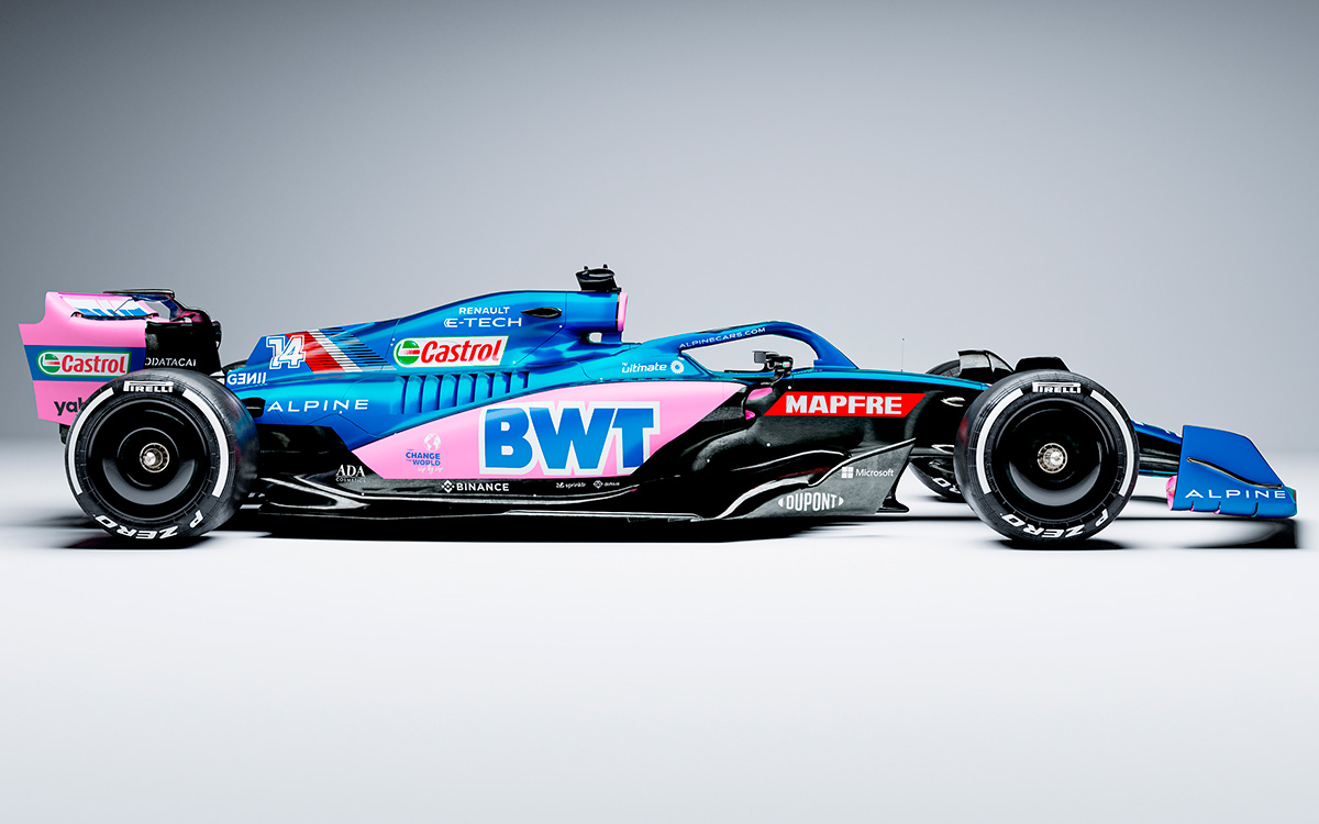 アルピーヌの2022年型F1マシン「A522」の青バーション、白背景レンダリング全体像右向き側面