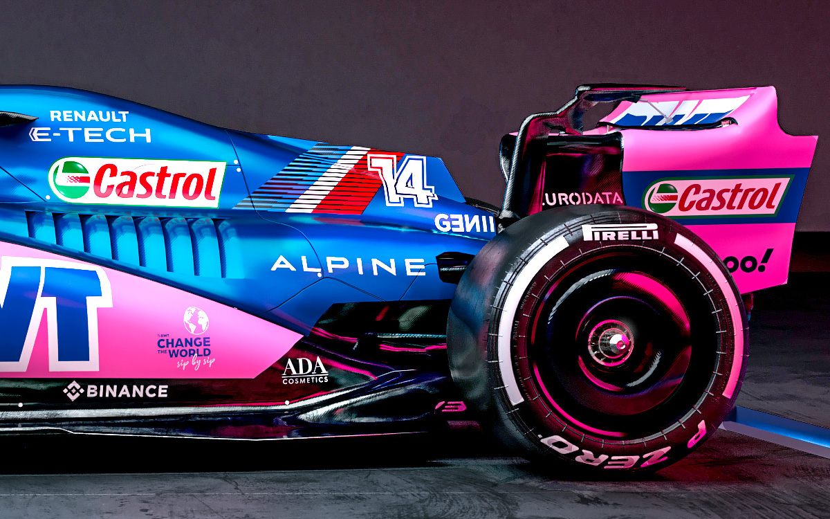 アルピーヌの2022年型F1マシン「A522」の青バーション、レンダリング細部後輪、リアウイング