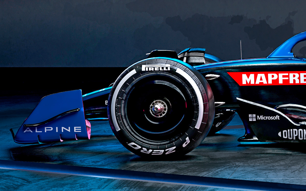 アルピーヌの2022年型F1マシン「A522」の青バーション、レンダリング細部前輪、フロントウイング翼端板