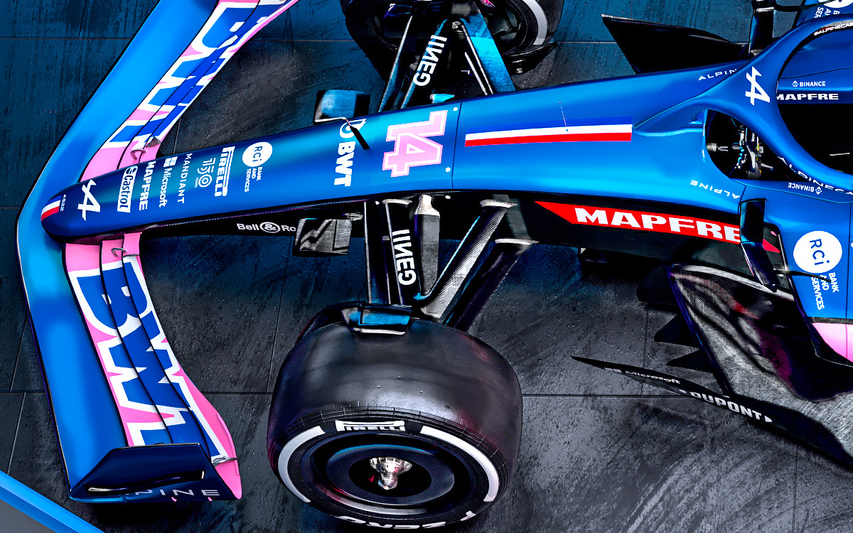 アルピーヌの2022年型F1マシン「A522」の青バーション、レンダリング細部フロントウイング、フロントサスペンション
