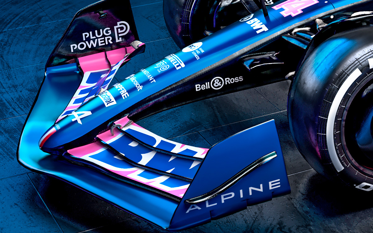 アルピーヌの2022年型F1マシン「A522」の青バーション、レンダリング細部フロントウイング、ノーズ