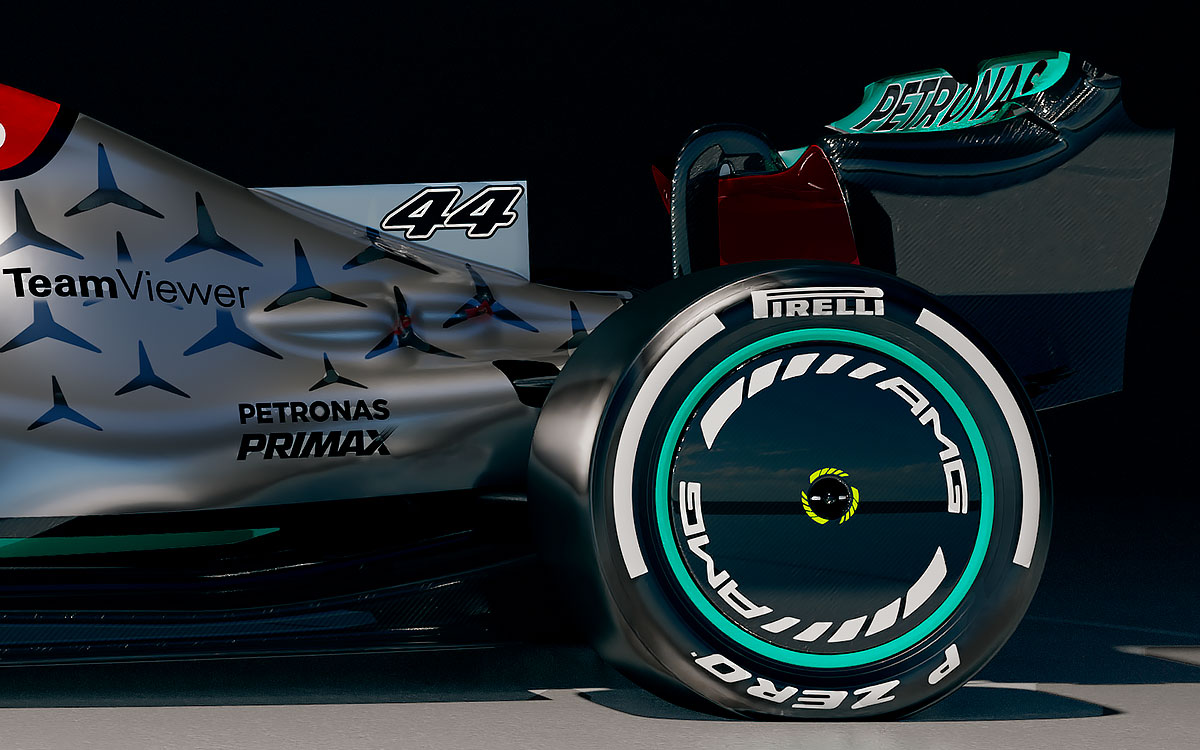リアタイヤを中心とするリアエンド、メルセデスの2022年型F1マシン「W13」の細部レンダリング