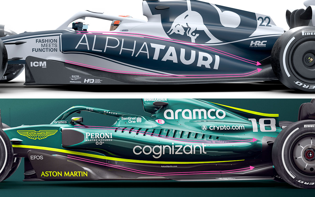 2022年F1マシン比較：アルファタウリ「AT03」とアストンマーチン「AMR22」のサイドポッドからテールエンドにかけてのボディーワーク
