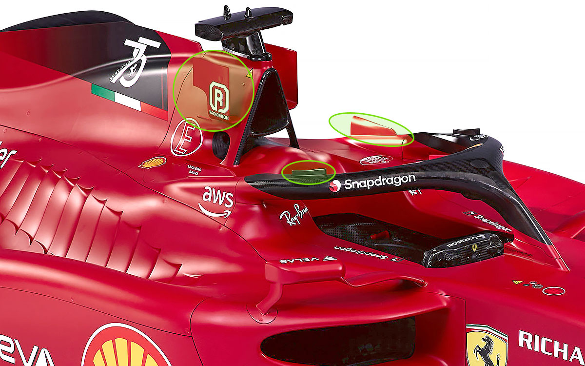 スクーデリア・フェラーリの2022年型F1マシン「F1-75」のロールフープ、インダクションポッド、ヘイロー周り